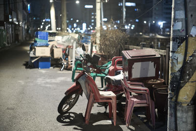 Bicycles on street in city at night