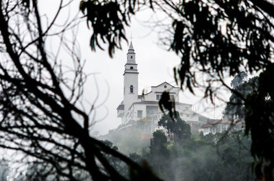 Low angle view of church and tree at monserrate during foggy weather