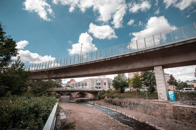 Bridge by buildings against sky in city