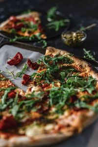 High angle view of pizza on table