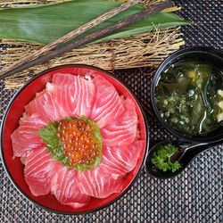 High angle view of fish in bowl on table