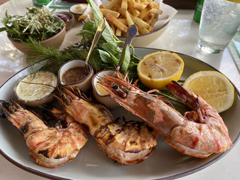 High angle view of seafood in plate on table