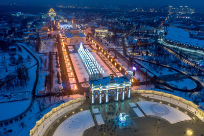 High angle view of illuminated buildings at night