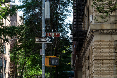 Low angle view of road sign against building