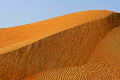 Low angle view of sand against clear sky