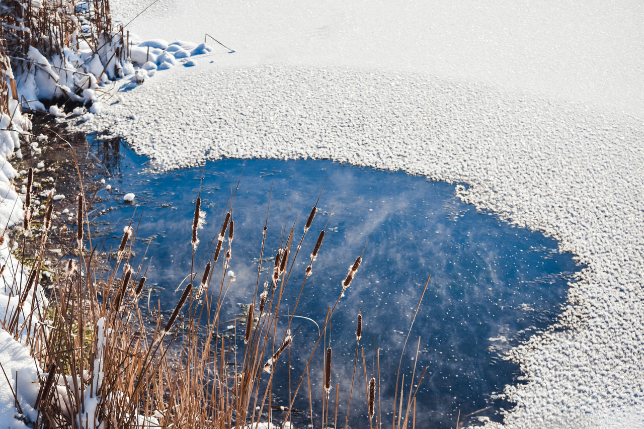 HIGH ANGLE VIEW OF FROZEN LAKE AND LAND