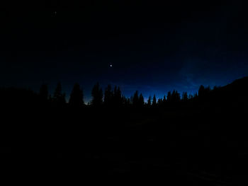 Silhouette trees in forest against sky at night