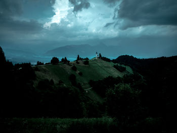 Scenic view of landscape against sky at dusk