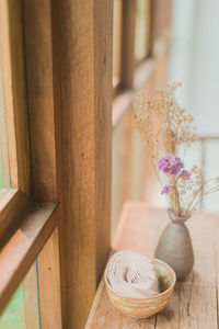 High angle view of flower vase on table