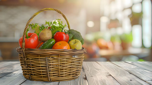 Close-up of tomatoes in wicker basket on table