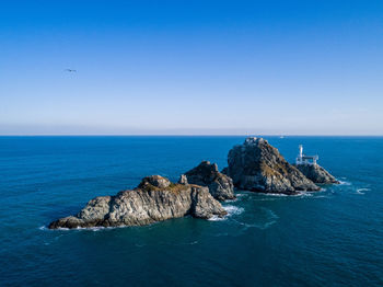 Scenic view of sea against clear blue sky