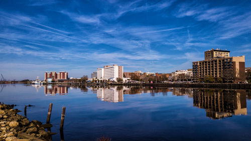 Reflection of buildings in lake