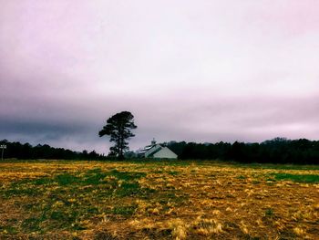 Scenic view of field against cloudy sky