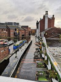 High angle view of canal amidst buildings in town
