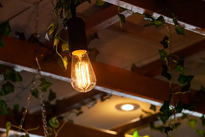 Low angle view of illuminated light bulb hanging from ceiling