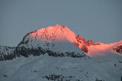 Scenic view of snowcapped mountain against clear sky during winter