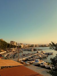 High angle view of harbor against clear sky
