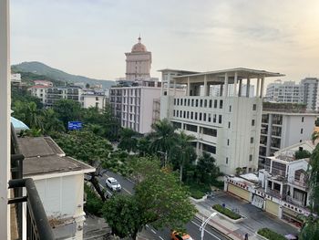 High angle view of buildings against sky