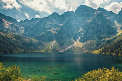 Scenic view of lake against cloudy sky