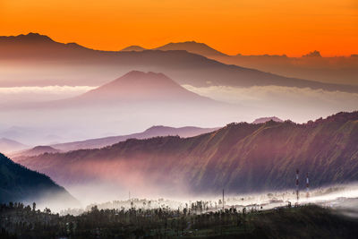 Scenic view of mountains against sky during sunset