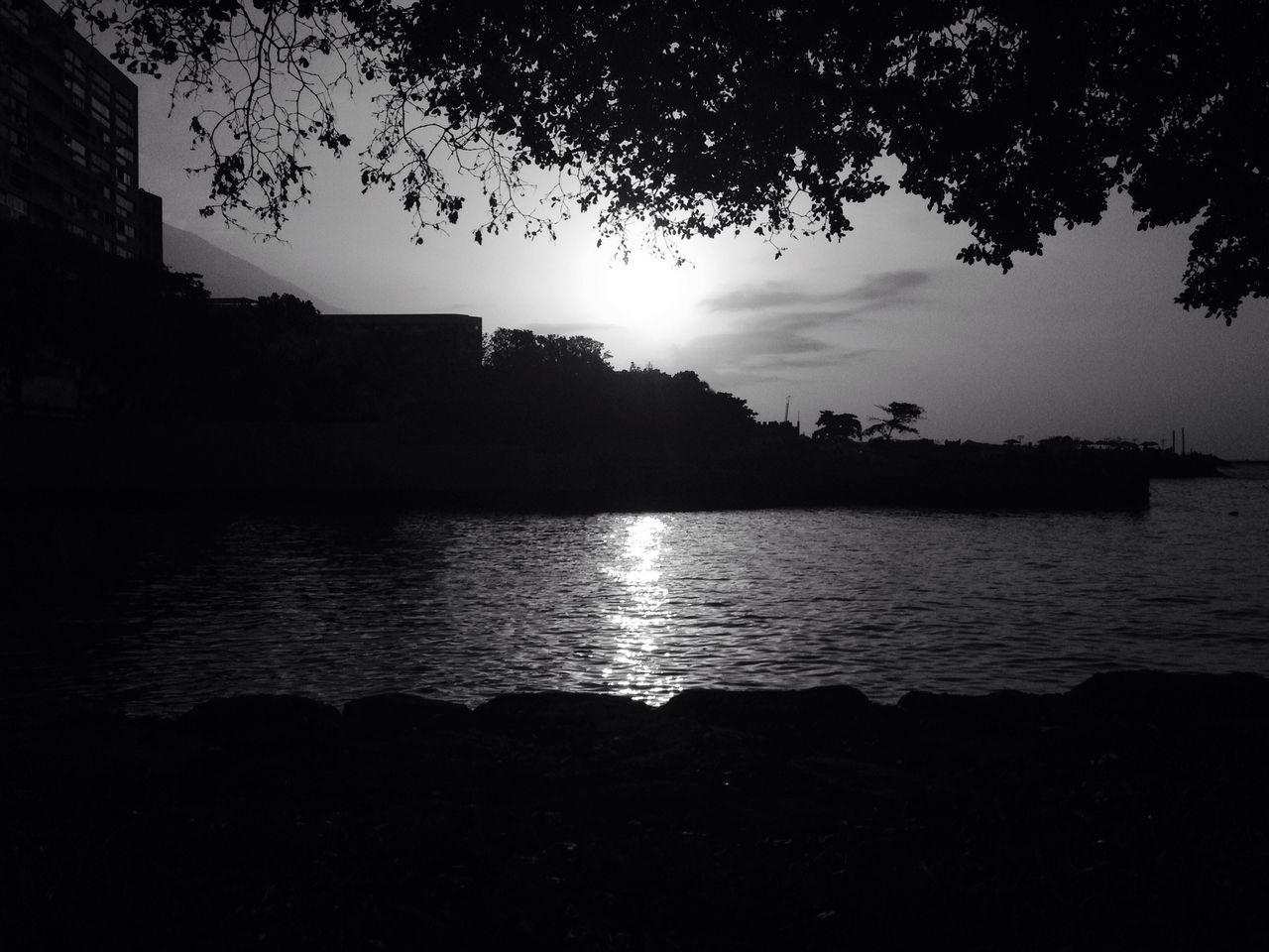 water, silhouette, sun, tree, reflection, building exterior, sky, sunset, built structure, lake, sunlight, architecture, tranquil scene, tranquility, scenics, river, beauty in nature, nature, rippled, waterfront