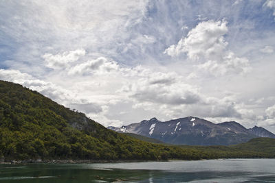 Scenic view of lake against cloudy sky