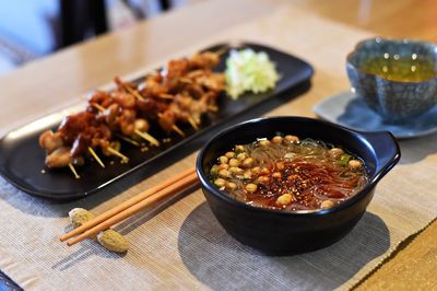 High angle view of food in plate on table