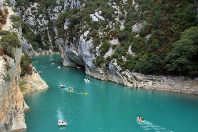 High angle view of people on boats in the verdon river gorge 