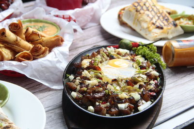 High angle view of food served on table