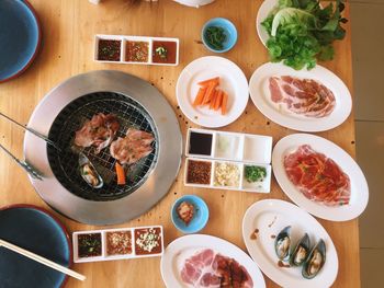 High angle view of meal served on table