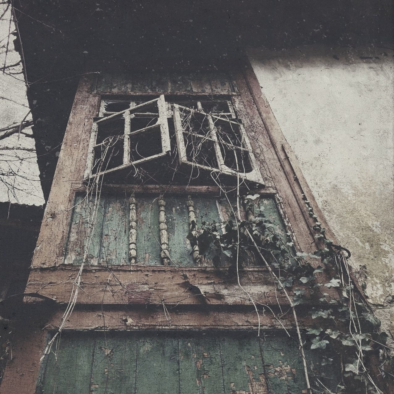 built structure, architecture, building exterior, low angle view, abandoned, old, damaged, window, obsolete, run-down, building, deterioration, house, weathered, steps, day, bad condition, outdoors, staircase, no people