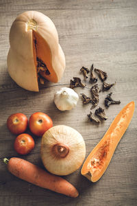 High angle view of pumpkins on table