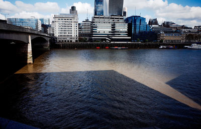 Bridge over river with city in background