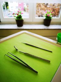 High angle view of paper on table at home