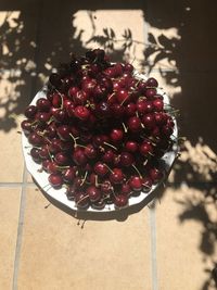 High angle view of raspberries on table