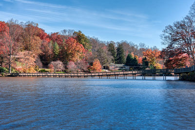 Scenic view of lake by trees against sky during autumn