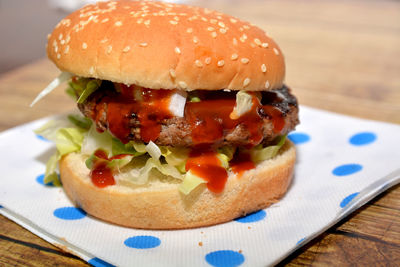 Close-up of burger on table