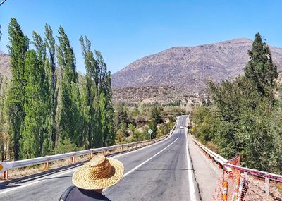 Road amidst plants and mountains against clear sky