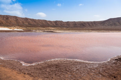 Scenic view of lake on arid landscape against sky