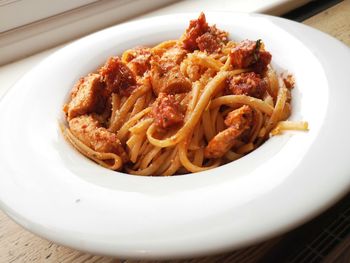 Close-up of noodles served in plate