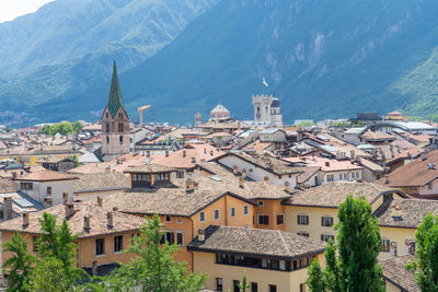 High angle view of buildings in city