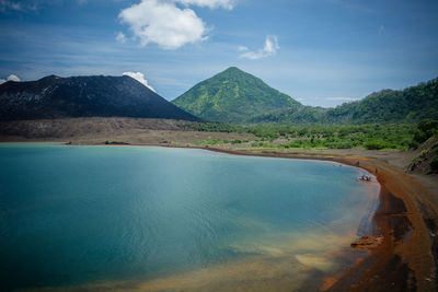 Scenic view of lake and mountains against sky