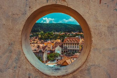 Buildings seen through window