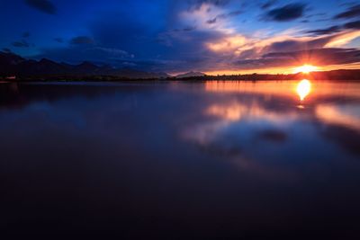 Scenic view of lake against cloudy sky