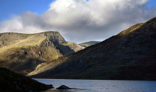 Scenic view of mountains against cloudy sky