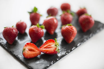 High angle view of strawberries in plate