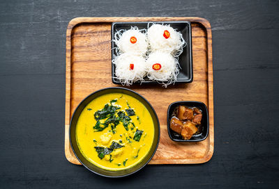 Directly above shot of food served on table