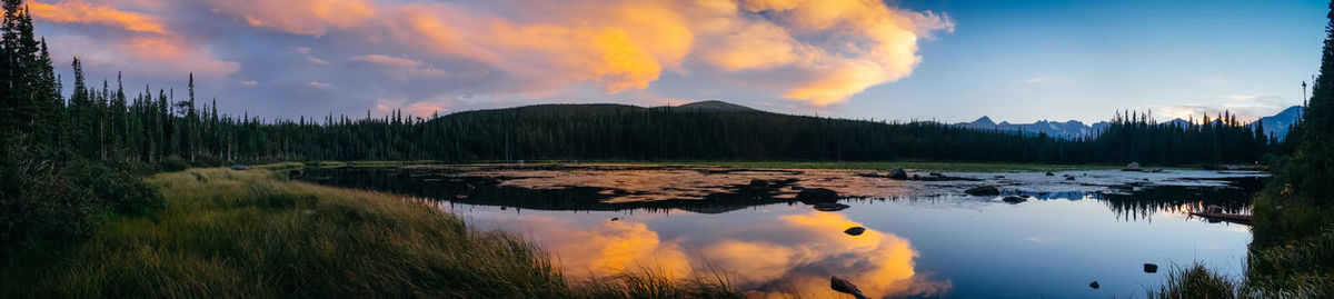 Panoramic view of lake against sky during sunset