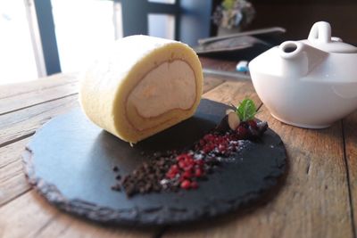 Close-up of cake in plate on table