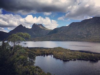 Scenic view of lake against cloudy sky